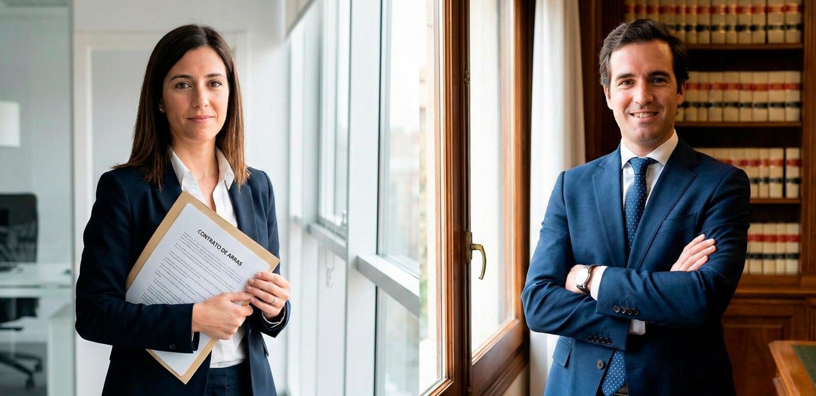 Persona de inmobiliaria con contrato de arras y abogado en su despacho