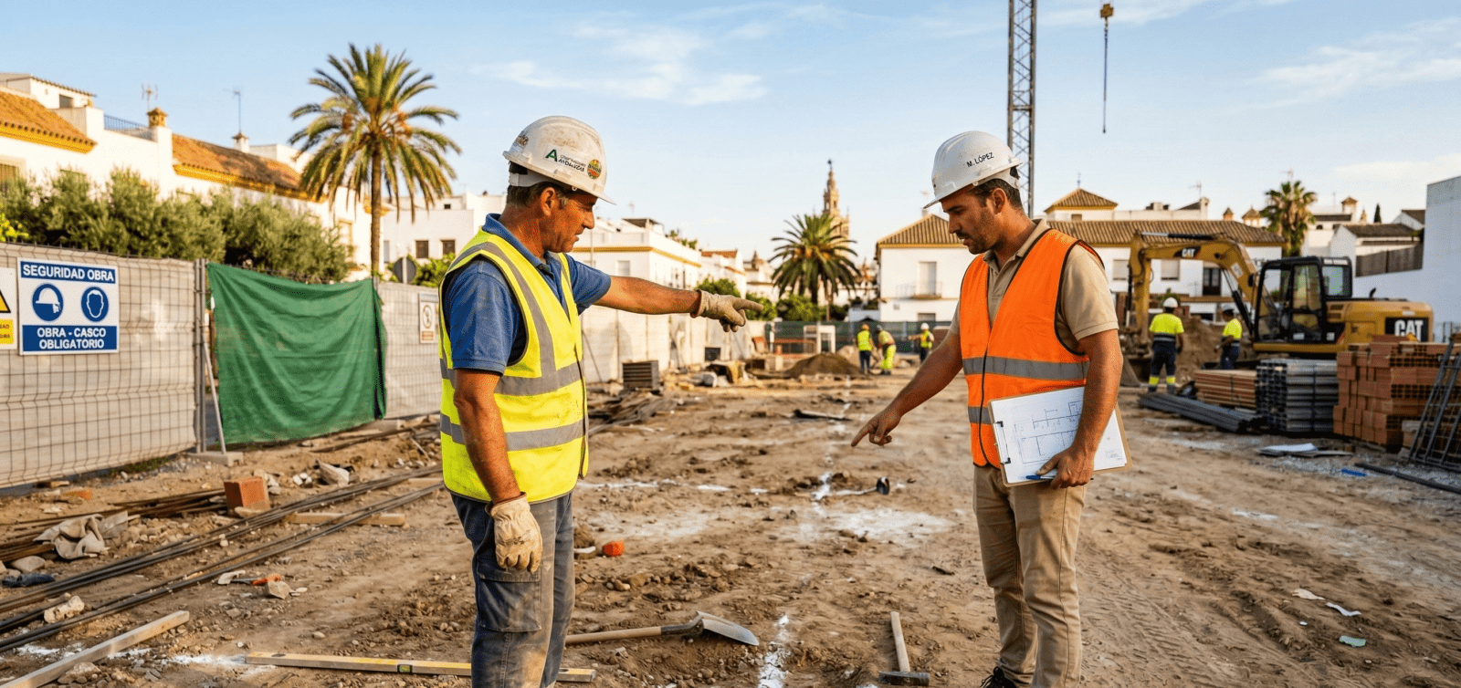 Dos obreros señalando lo que saber al comprar un terreno